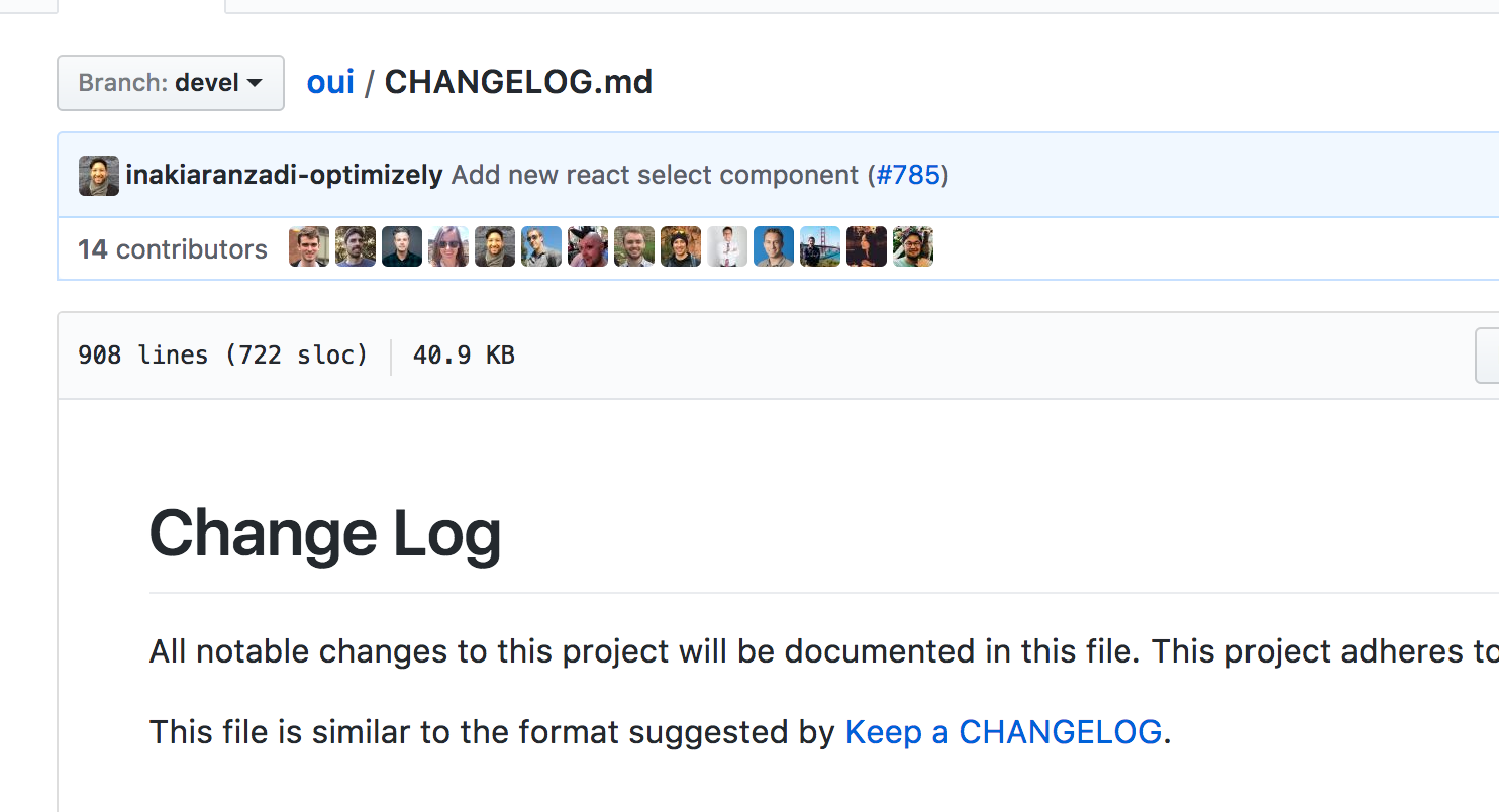 Screenshot of Optimizely's UI library changelog